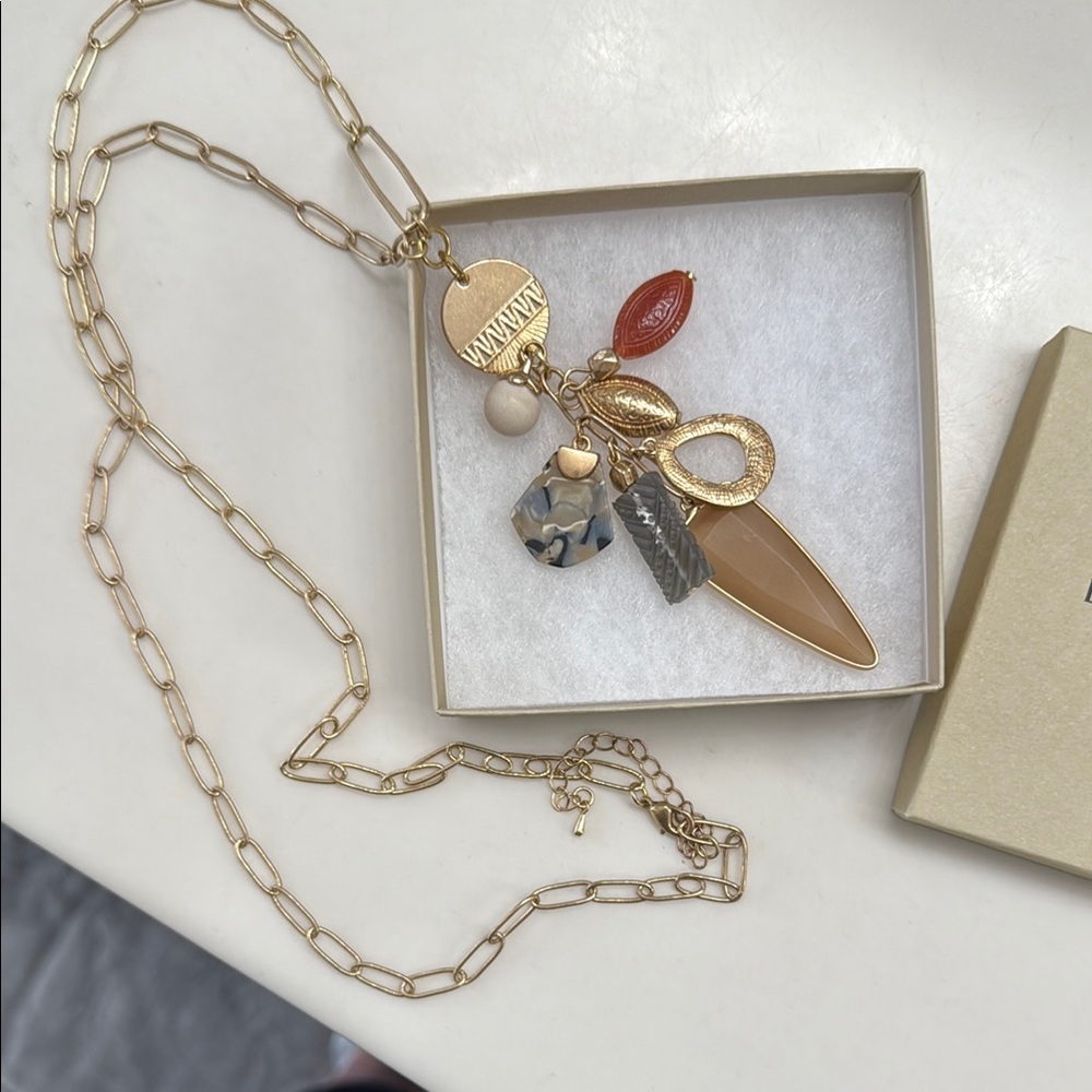 Gold and Tan Charm Cluster Necklace